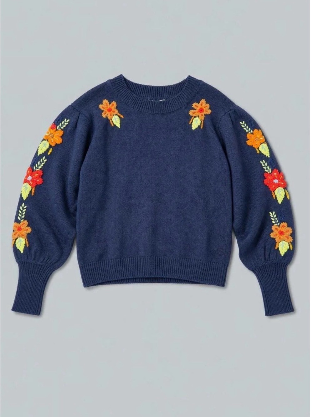 NWT Something Navy Navy Crewneck Sweater with Orange & Red Floral Embroidery